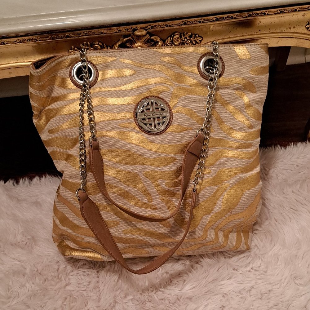 Kate Landry Gold Zebra Print Woven Tote with Chain and Leather Straps